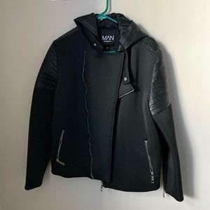 Black polyester biker-like jacket.
